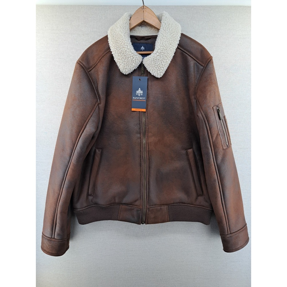 Rainforest Bomber Jacket Men Medium Faux Leather Sherpa Lined Brown Aviator Coat
